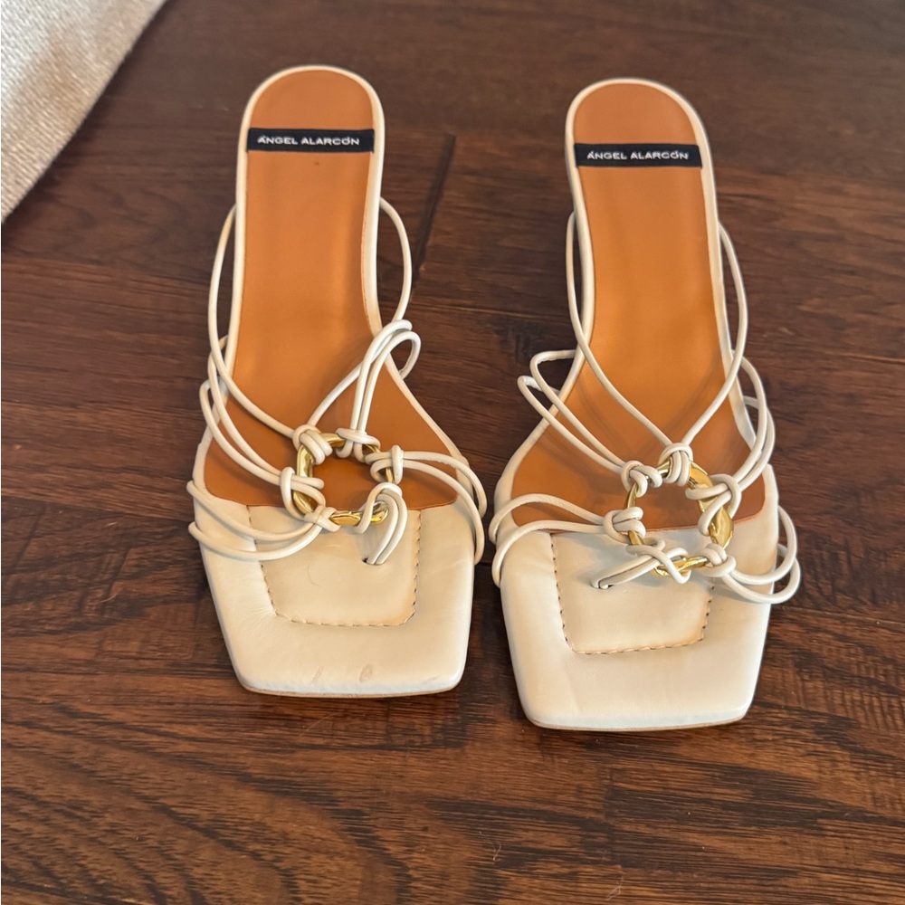 Cream Strappy Heels with Square Toe and Medium Heel